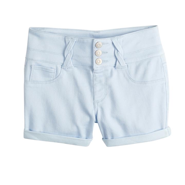 Girls 7-16 & Plus Size So&reg; Rolled Cuff Braided Belt Loop Shortie Jean Shorts, Size: 14, Light Blue