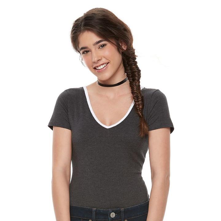 Juniors' So&reg; Basic V-neck Bodysuit, Girl's, Size: Large, Grey (charcoal)