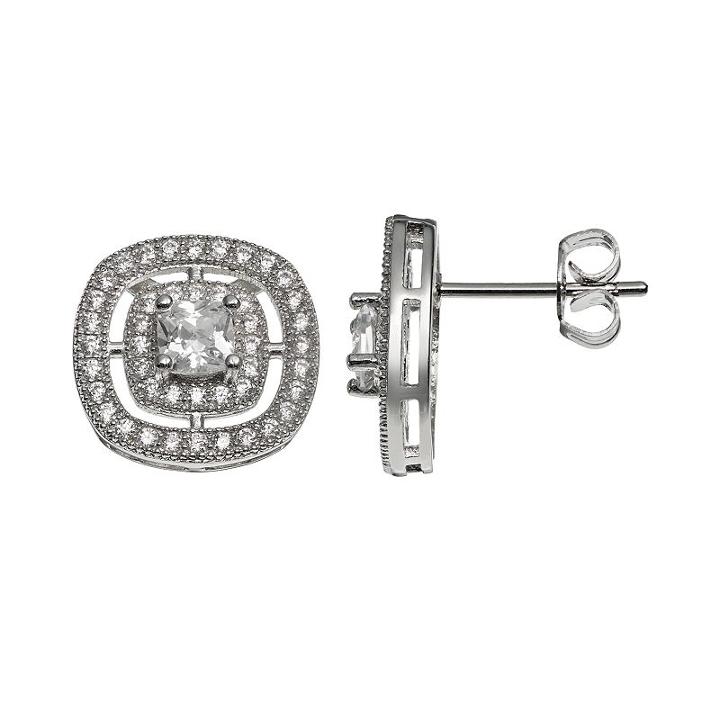 The Silver Lining Cubic Zirconia Silver Tone Square Stud Earrings, Women's, White