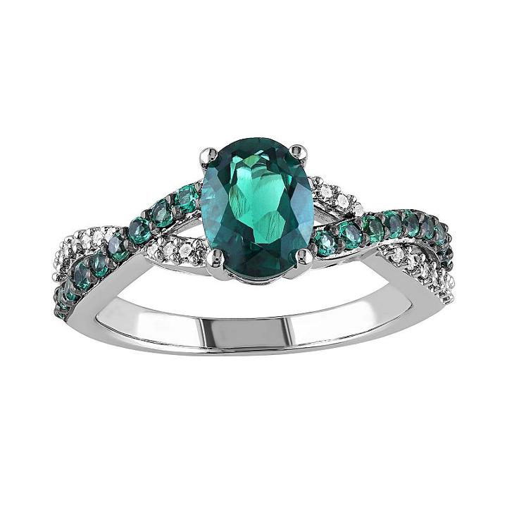 Lab-created Emerald And 1/10 Carat T.w. Diamond 10k White Gold Crisscross Ring, Women's, Size: 9, Green