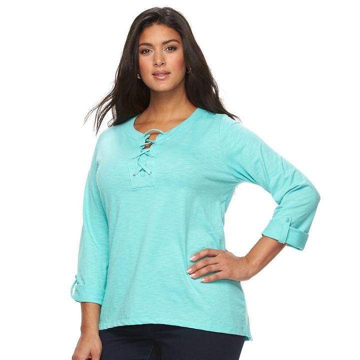 Plus Size Croft & Barrow&reg; Lace-up Roll-tab Tee, Women's, Size: 1xl, Brt Blue