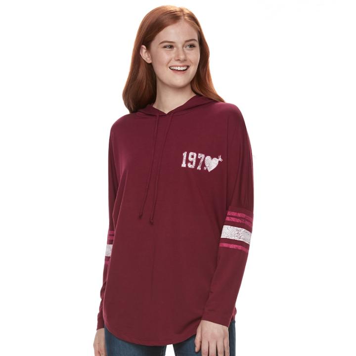 Juniors' About A Girl Striped 1970 Hoodie, Size: Medium, Dark Red