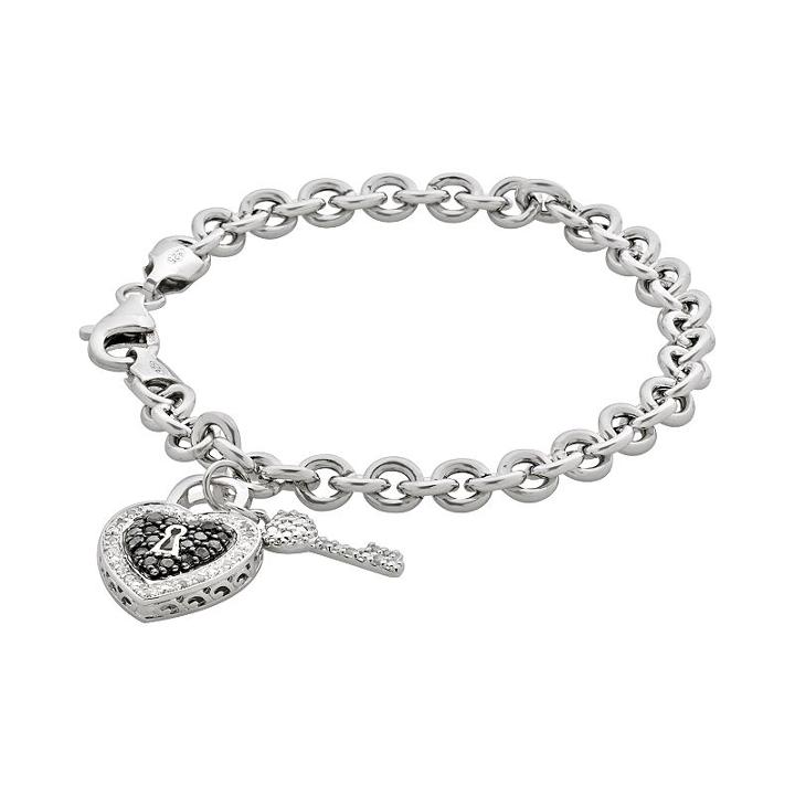 Sterling Silver 1/4-ct. T.w. Black And White Diamond Heart Lock And Key Bracelet, Women's, Size: 7.5