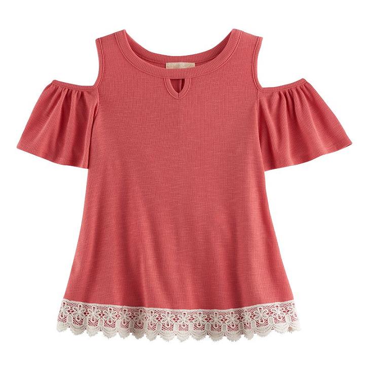 Girls 7-16 Rewind Ribbed Cold-shoulder Lace Trim Top, Girl's, Size: Large, Med Pink