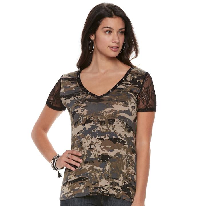 Women's Rock & Republic&reg; Embellished Lace Tee, Size: Xl, Dark Green