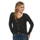 Juniors' Mudd&reg; Waffle-knit Button Front Long Sleeve Top, Teens, Size: Medium, Black