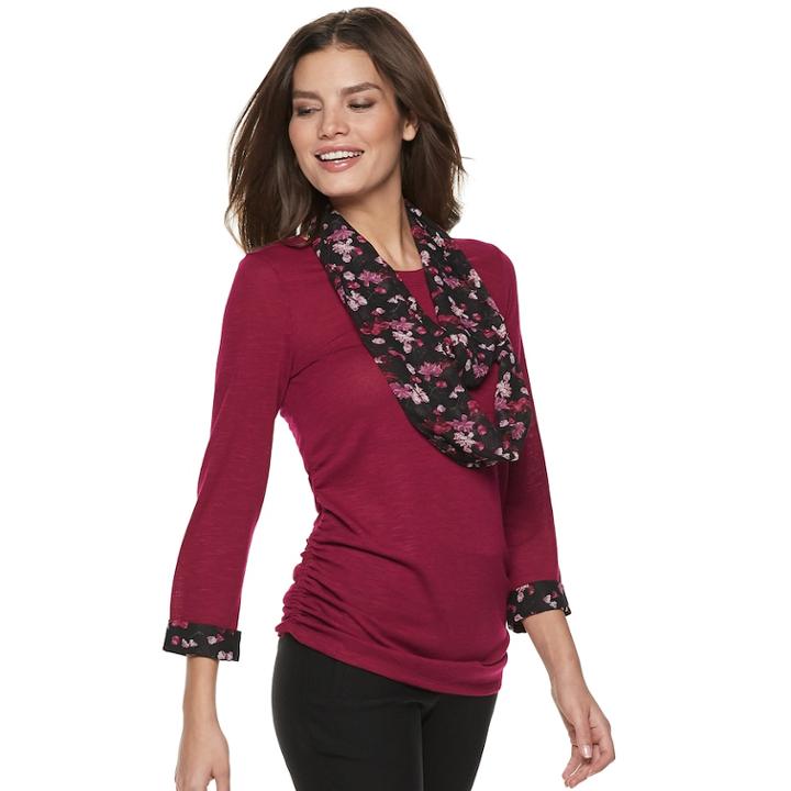Women's Elle&trade; Mock-layer Top & Scarf Set, Size: Xs, Dark Pink