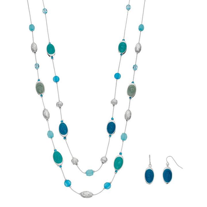 Aqua Marbled Double Strand Necklace & Drop Earring Set, Women's, Turq/aqua