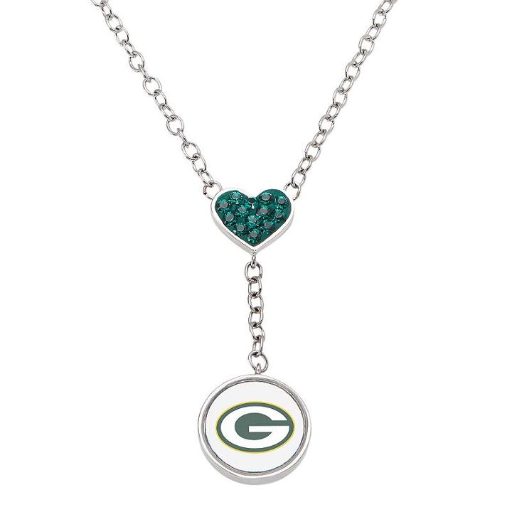 Green Bay Packers Crystal Heart & Logo Y Necklace, Women's