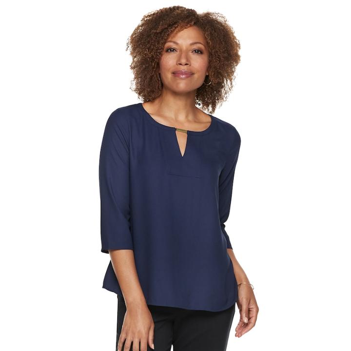 Petite Dana Buchman Front Keyhole Top, Women's, Size: S Petite, Blue (navy)