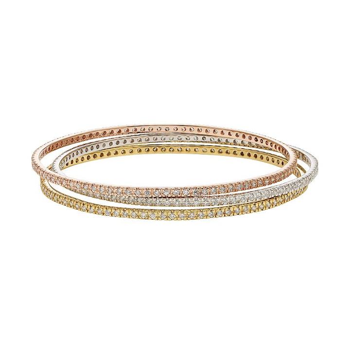 Diamond Essence Crystal & Diamond Accent 18k Gold Over Silver Two Tone & Sterling Silver Bangle Bracelet Set- Made With Swarovski Crystals, Women's, White