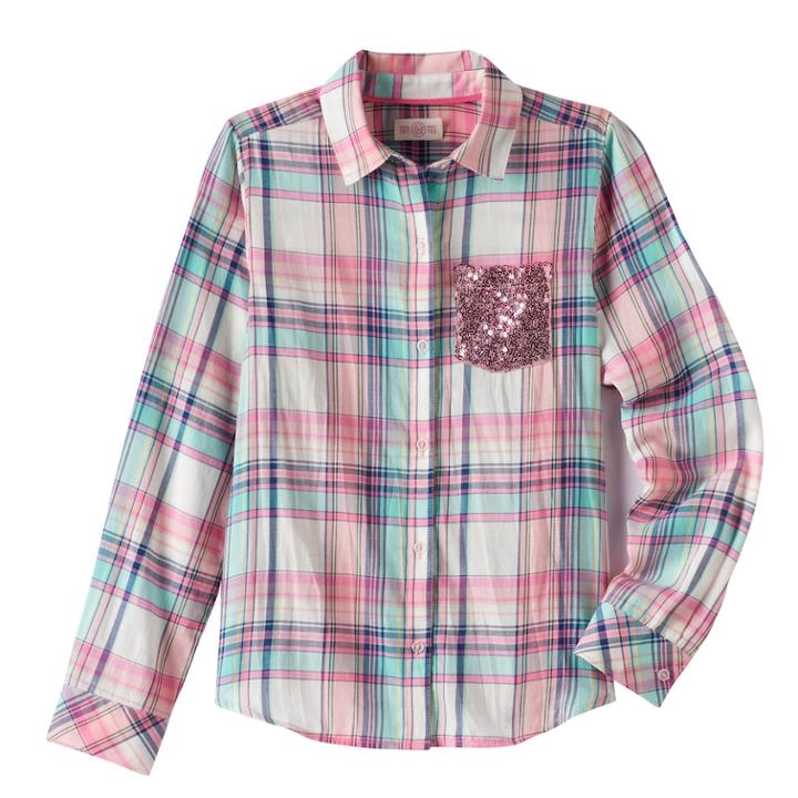 Girls Plus Size So&reg; Shine Plaid Button-down Shirt, Size: 20 1/2, Brt Pink