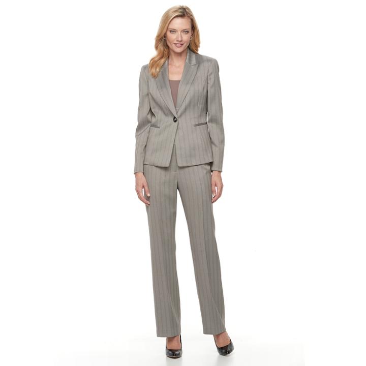 Women's Le Suit Herringbone Suit Jacket & Pants Set, Size: 6, Lt Brown