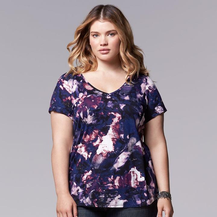 Plus Size Simply Vera Vera Wang Printed Rounded-hem Tee, Women's, Size: 1xl, Purple