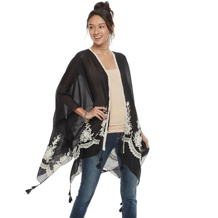 Mudd&reg; Embroidered Floral Topper Wrap With Tassels, Women's, Black