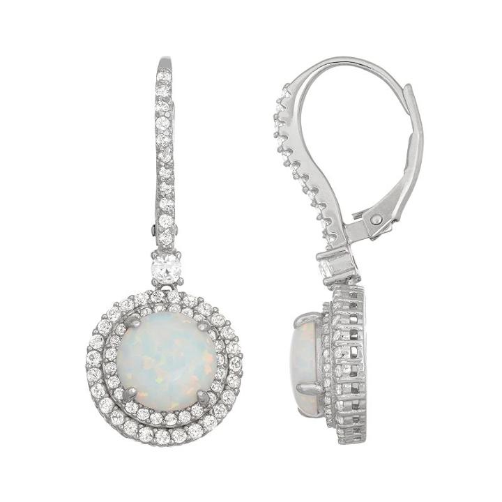 Sterling Silver Lab-created Opal & White Sapphire Circle Drop Earrings, Women's