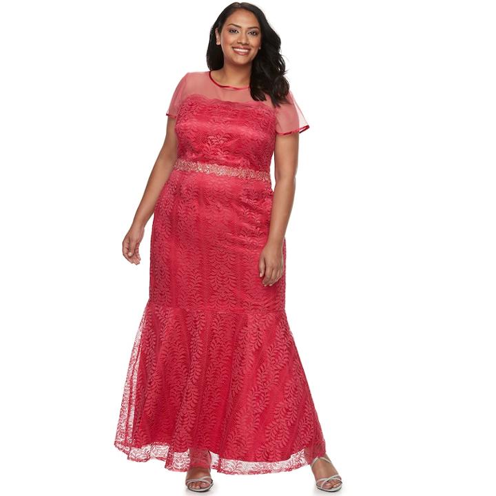 Plus Size Maya Brooke Embroidery Sequin Lace Dress, Women's, Size: 20 W, Red