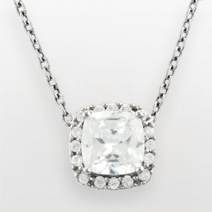 Silver Plated Cubic Zirconia Square Frame Pendant, Women's, Size: 18, White