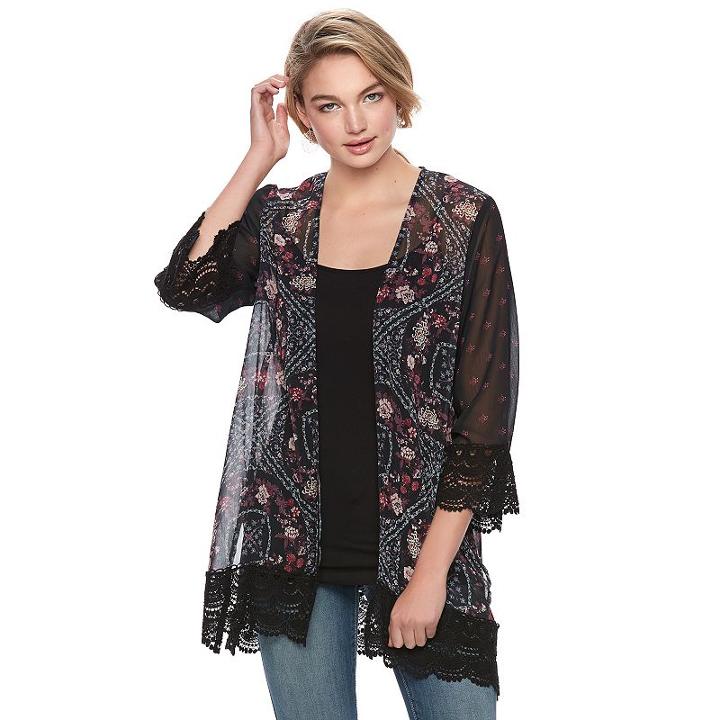 Juniors' Rewind Print Lace Trim Kimono, Teens, Size: Large, Black