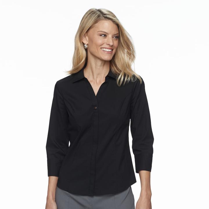 Petite Dana Buchman Collared Button Down Top, Women's, Size: M Petite, Black