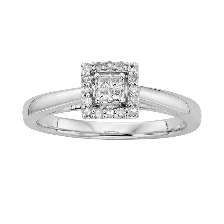 I Promise You Diamond Square Halo Engagement Ring In Sterling Silver (1/6 Carat T.w.), Women's, Size: 8, White