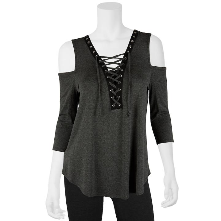 Juniors' Iz Byer Lace-up Cold Shoulder Top, Size: Xs, Dark Grey