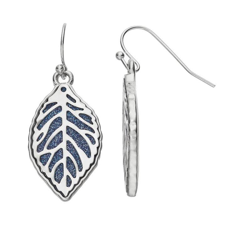 Blue Glittery Nickel Free Leaf Drop Earrings, Women's, Navy