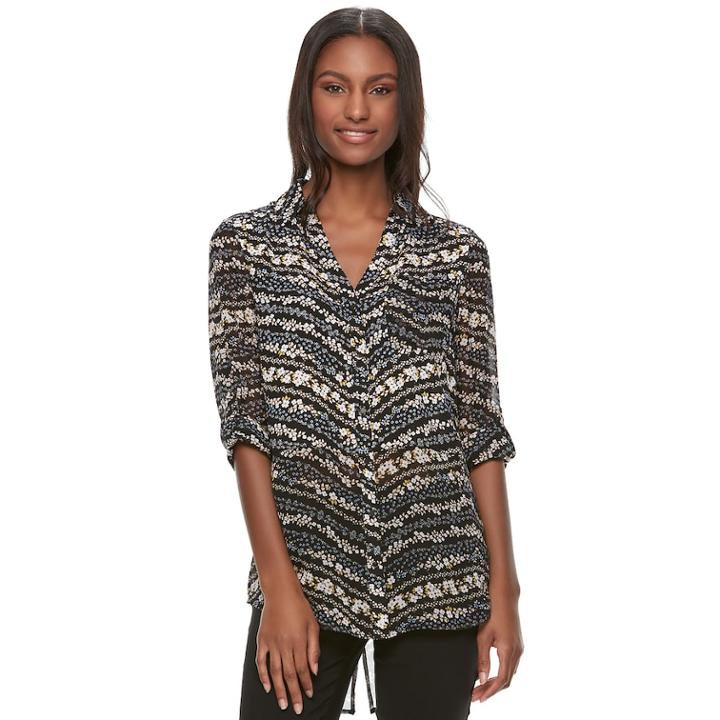 Juniors' Candie's&reg; Print Split-back Hem Blouse, Teens, Size: Large, Black