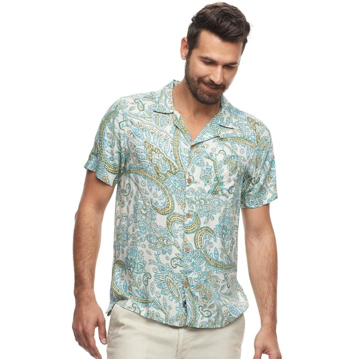 Men's Caribbean Joe Classic-fit Convertible-collar Tropical Button-down Shirt, Size: Medium, Dark Blue