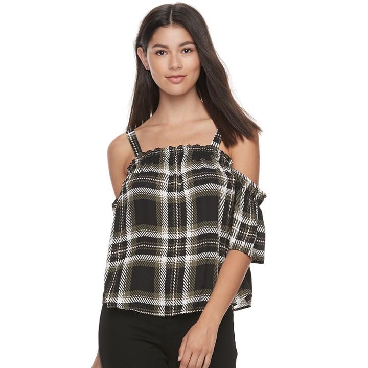 Juniors' Candie's&reg; Plaid Off The Shoulder Top, Teens, Size: Large, Green