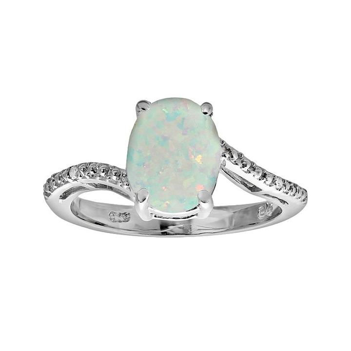 Sterling Silver Lab-created Opal And Diamond Accent Oval Ring, Women's, Size: 8, White