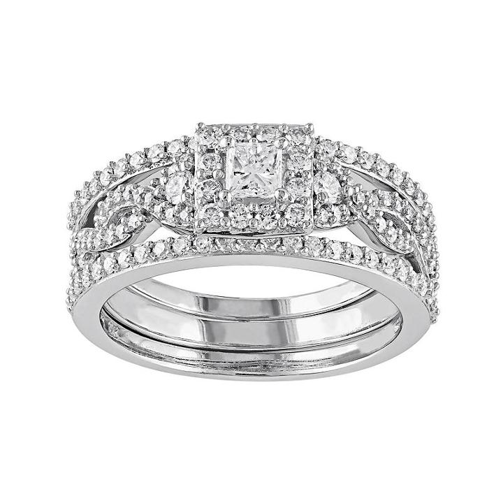 10k White Gold 1 Carat T.w. Diamond Square Halo Engagement Ring Set, Women's, Size: 6