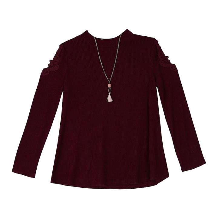 Girls 7-16 Iz Amy Byer Lace Trim Cold Shoulder Top With Necklace, Size: Small, Med Purple