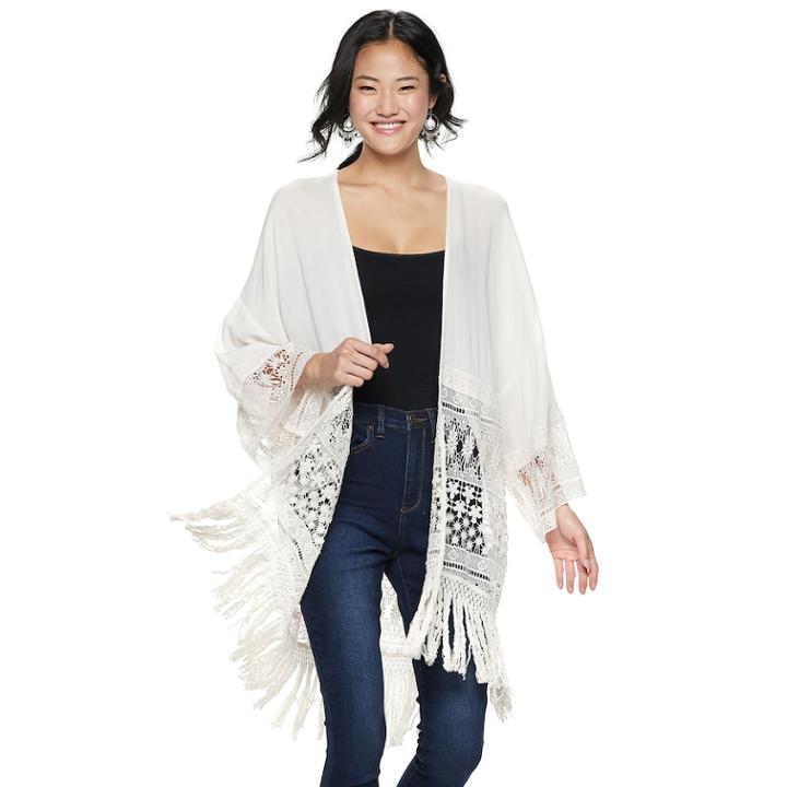 Juniors' Hint Of Mint Crochet & Fringe Kimono, Teens, Size: Small, Natural