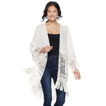Juniors' Hint Of Mint Crochet & Fringe Kimono, Teens, Size: Small, Natural