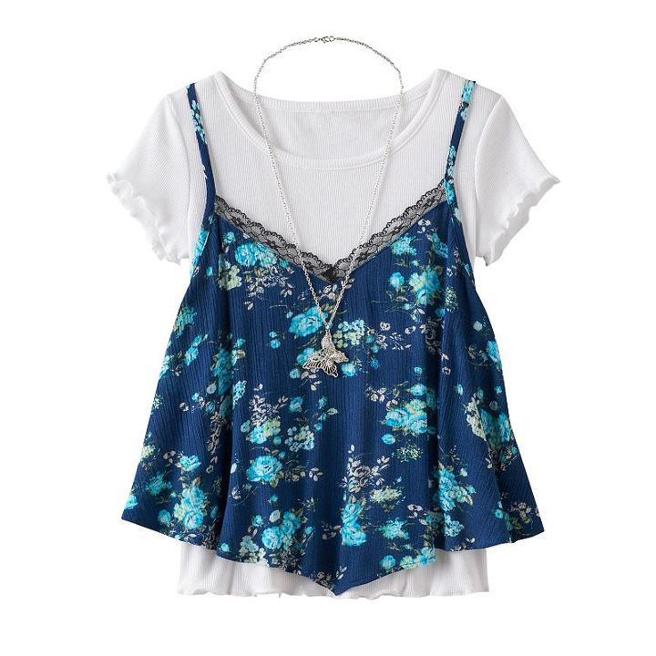 Girls 7-16 Knitworks Floral Tank Top & Ruffled Tee Set With Necklace, Girl's, Size: Large, Blue (navy)