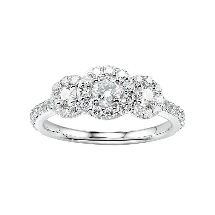 14k White Gold 1 Carat T.w. Diamond 3-stone Halo Anniversary Ring, Women's, Size: 5