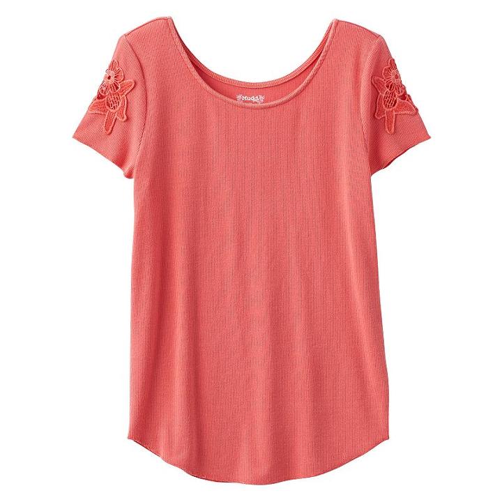 Girls 7-16 Mudd&reg; Crochet Lace Short Sleeve Ribbed Tee, Girl's, Size: 7-8, Pink