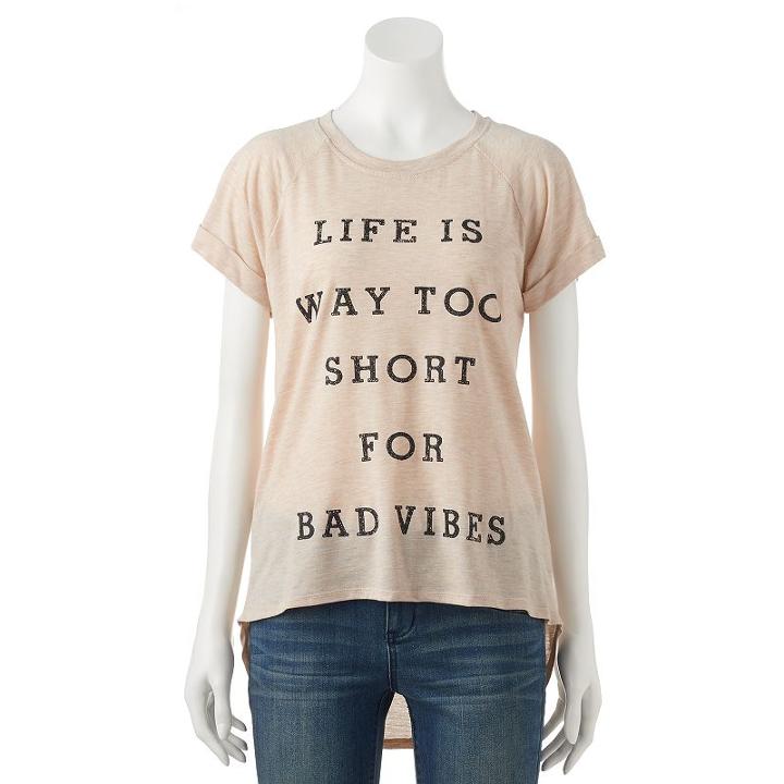 Juniors' Life Is Way Too Short High-low Graphic Tee, Girl's, Size: Small, Med Beige
