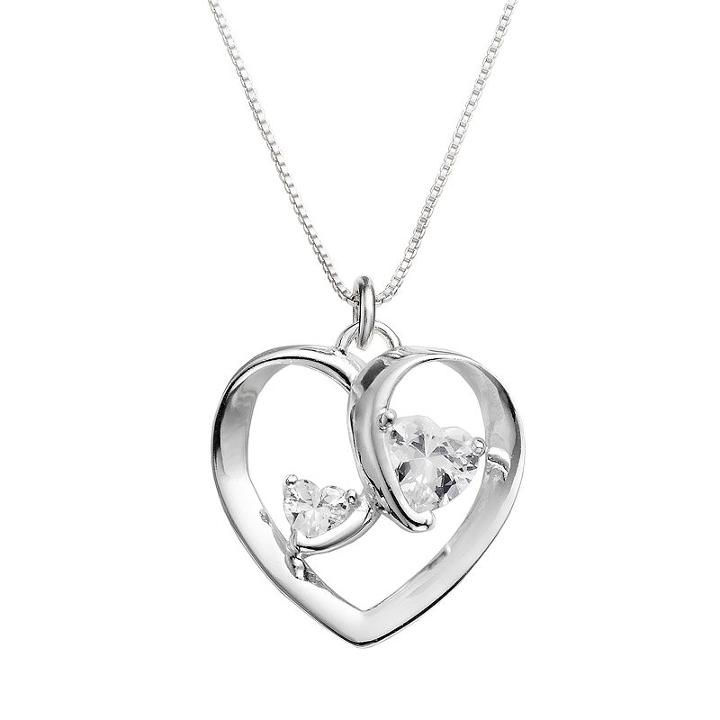 Timeless Sterling Silver Cubic Zirconia Two Hearts One Love Pendant, Women's, Grey
