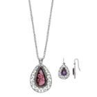 Purple Simulated Abalone Filigree Teardrop Pendant Necklace & Drop Earring Set, Women's