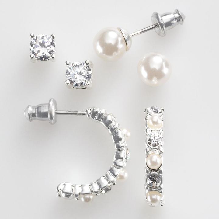 Croft & Barrow&reg; Silver-tone Simulated Crystal And Simulated Pearl Stud And Hoop Earring Set, Women's, White