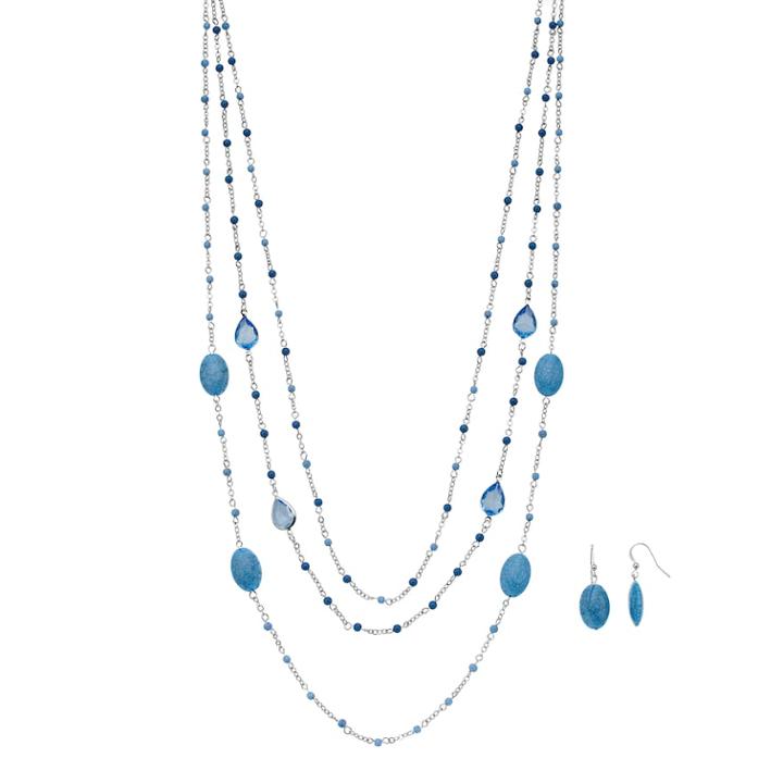 Blue Bead Multi Strand Necklace & Drop Earring Set, Women's