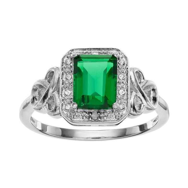 Radiant Gem Sterling Silver Simulated Emerald Halo Ring, Women's, Size: 6, Green