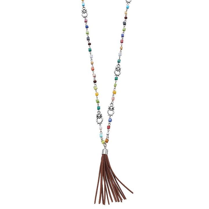 Mudd&reg; Long Beaded Owl Faux Suede Tassel Necklace, Women's, Multicolor
