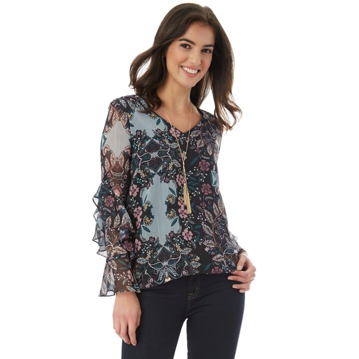 Juniors' Iz Byer California Necklace Ruffle Sleeve Top, Teens, Size: Medium, Lurex Multi Print