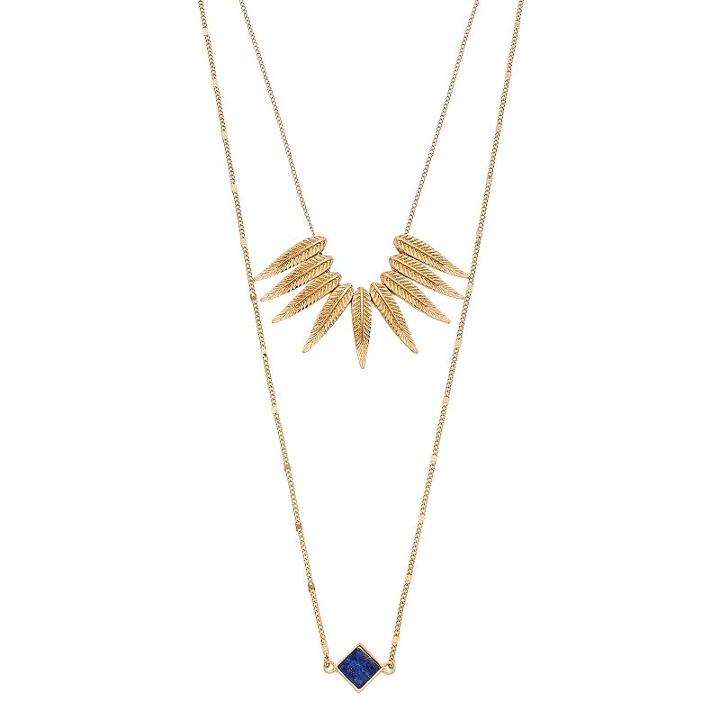 Blue Pyramid & Leaf Fringe Layered Necklace, Women's, Gold