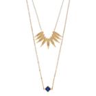 Blue Pyramid & Leaf Fringe Layered Necklace, Women's, Gold