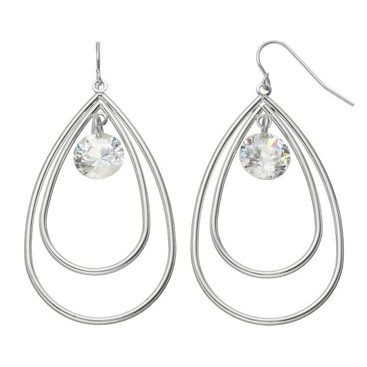 Cubic Zirconia Nickel Free Double Teardrop Earrings, Women's, Silver