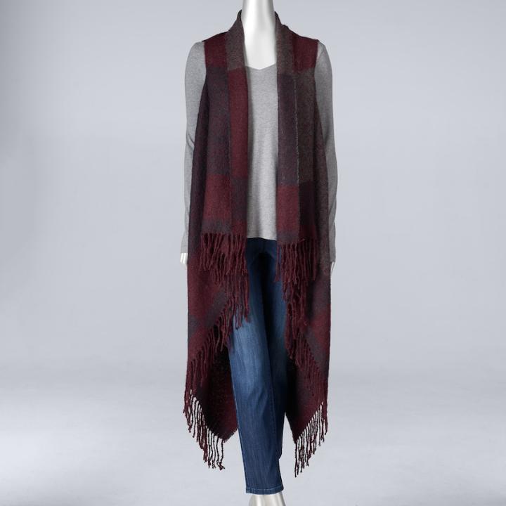 Simply Vera Vera Wang Brushed Colorblock Fringed Long Vest, Women's, Dark Red